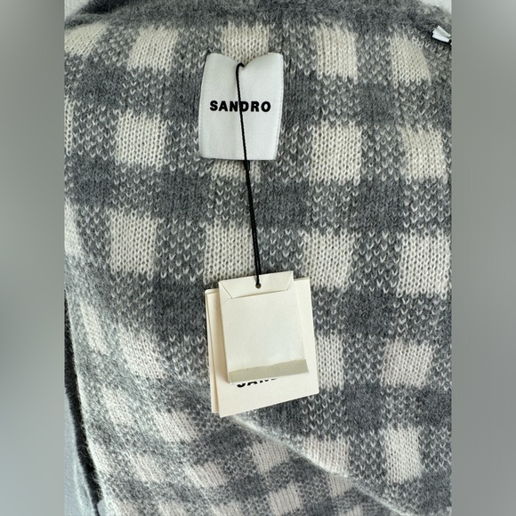 Sandro Checkered Jacquard Cardigan Light Grey Sz 3 - Picture 4 of 8